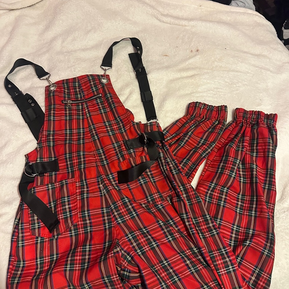 36 Point 5 Red Plaid Overalls with Black Accents